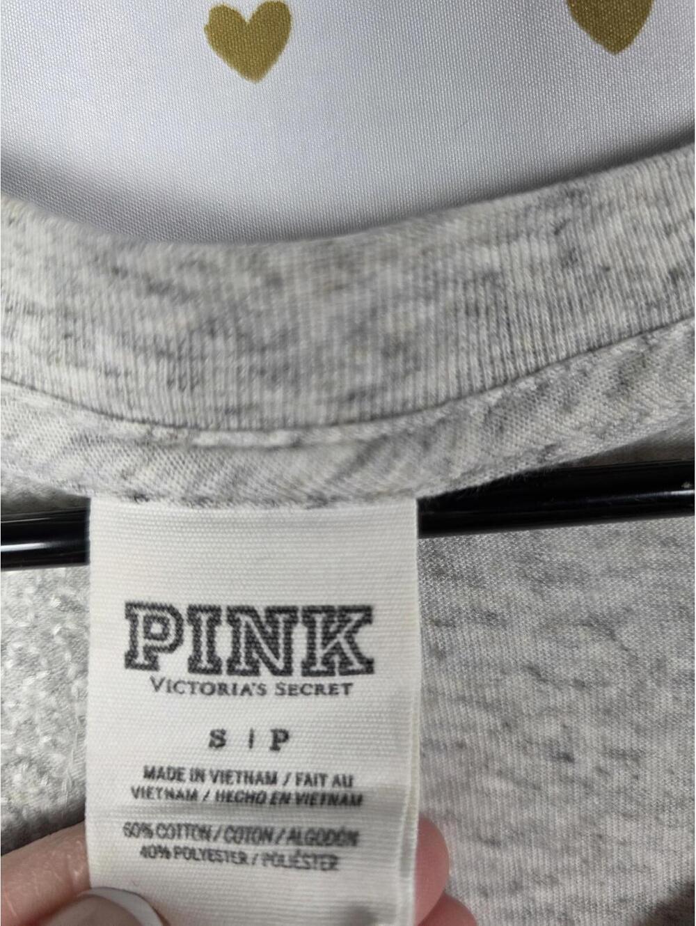 Victorias Secret PINK Campus Long Sleeve Grey BLING SEQUINED Tee V Neck Shirt SM - Picture 4 of 6